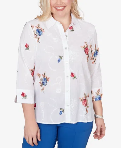 Alfred Dunner Petite The Royal Treatment Embroidered Flower Collared Button Front Top In White