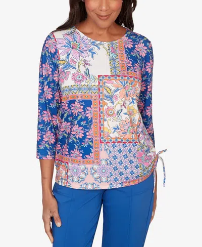 Alfred Dunner Petite The Royal Treatment Geometric Floral Tie Ruched Top In Blue