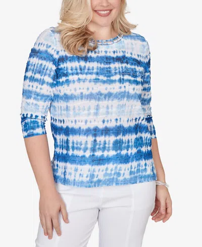 Alfred Dunner Petite The Royal Treatment Tie Dye Biadere Knotted Crew Neck Top In Blue