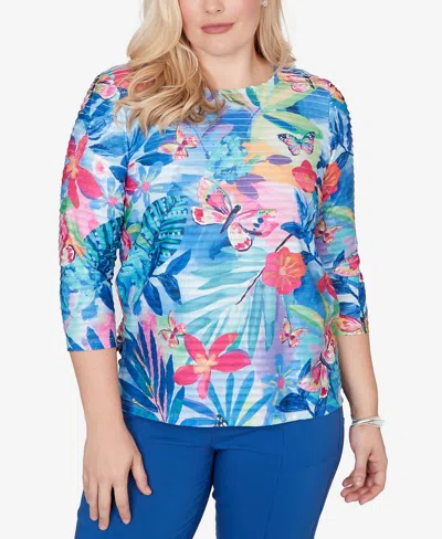 Alfred Dunner Petite The Royal Treatment Tropical Butterfly Ruffle Textured Top In Blue