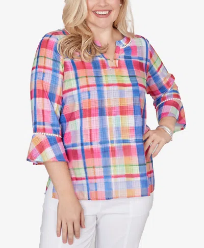 Alfred Dunner Petite The Royal Treatment Watercolor Split Neck Bell Sleeve Top In Multi