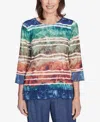 Alfred Dunner Plus Size Summer Solstice Tie Dye Striped Biadere Crew Neck Top In Navy Multi