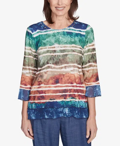 ALFRED DUNNER PETITE SUMMER SOLSTICE TIE DYE STRIPED BIADERE CREWNECK TOP