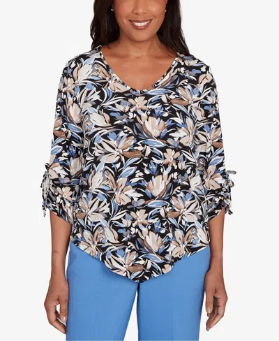 Alfred Dunner Petite Tie Sleeve Brushstroke Floral Knit Top In Multi