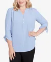 Alfred Dunner Petite Tie Sleeve Crinkle Textured Henley Top In Blue