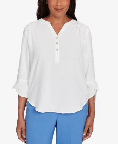 Alfred Dunner Petite Tie Sleeve Crinkle Textured Henley Top In White