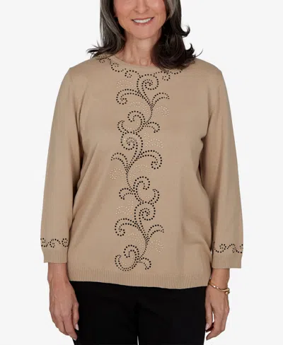 Alfred Dunner Petite Travel Advisory Beaded Scroll Embellished Sweater In Brown