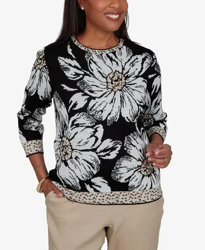Alfred Dunner Petite Travel Advisory Dramatic Ink Floral Sweater In Black