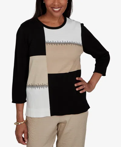 Alfred Dunner Petite Travel Advisory Neutral Colorblock Embellished Sweater In Multi