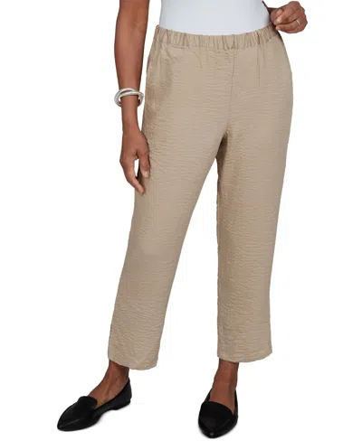 Alfred Dunner Petite Travel Advisory Pull-on Elastic-waist Crinkle-texture Ankle Pants In Brown
