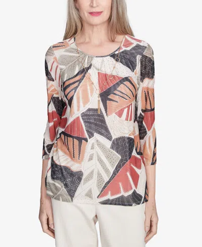 Alfred Dunner Petite Natural Instinct Tropical Mesh Top With Necklace In Multi