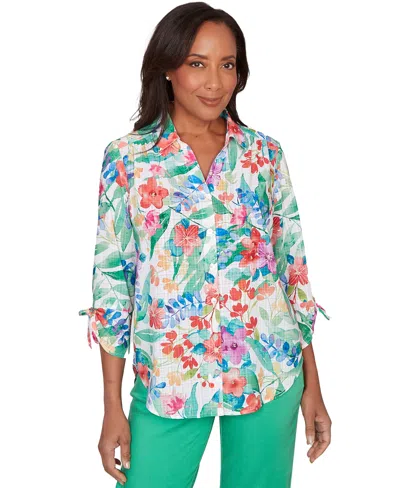 Alfred Dunner Petite Tropical Print Woven Top In Multi
