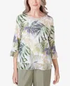 ALFRED DUNNER PETITE TUSCAN SUNSET CREW NECK TONAL LEAF TOP