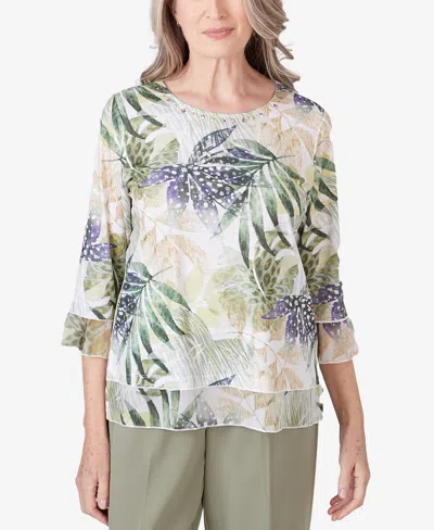 Alfred Dunner Petite Tuscan Sunset Crew Neck Tonal Leaf Top In Aloe