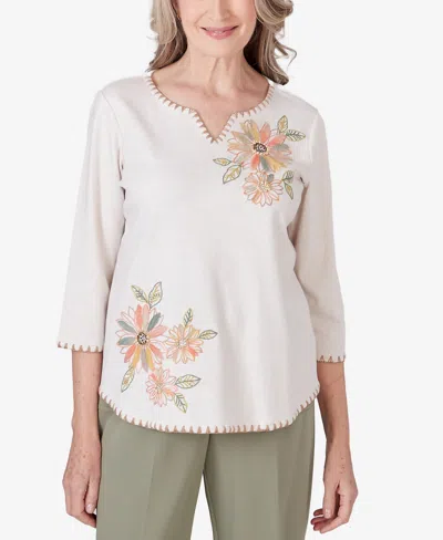 Alfred Dunner Petite Tuscan Sunset Sunset Embroidered Flower Top In Oatmeal