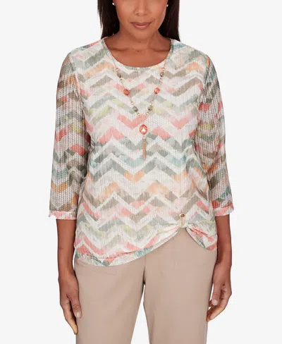 Alfred Dunner Petite Tuscan Sunset Textured Chevron Necklace Top In Multi