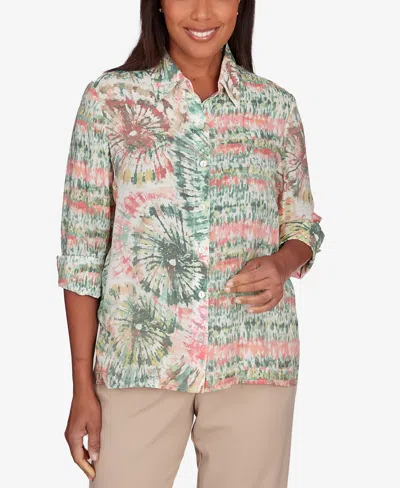 Alfred Dunner Petite Tuscan Sunset Tie Dye Button Down Blouse In Multi