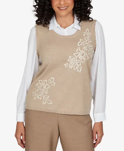 Alfred Dunner Petite Union Square Embroidered Vest Two In One Sweater In Nude