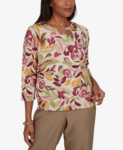 Alfred Dunner Petite Union Square Floral Painterly Print Shimmer Sweater In Multi