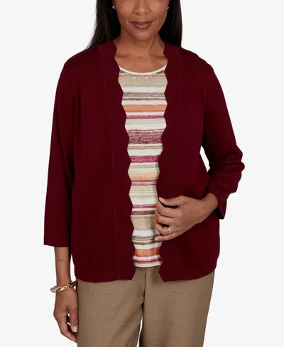 Alfred Dunner Petite Union Square Scalloped Cardi Two In One Striped Sweater In Burgundy
