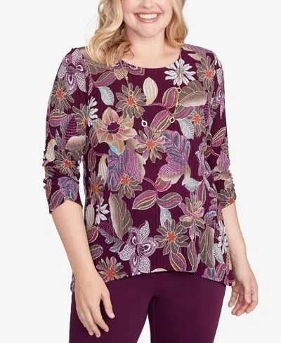 Alfred Dunner Petite Urban Legend Batik Floral Melange Printed Top In Purple