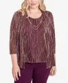 Alfred Dunner Petite Urban Legend Glitter Leaf Two In One Top With Necklace In Pink
