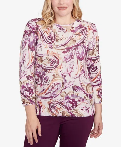 Alfred Dunner Petite Urban Legend Shimmer Paisley Crew Neck Sweater In Multi