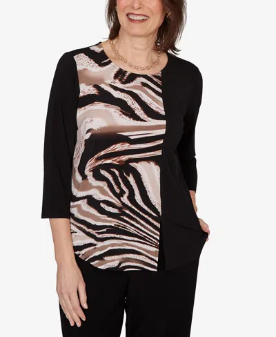 Alfred Dunner Petite Vertical Spliced Animal Printed Top In Black