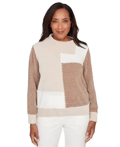 Alfred Dunner Petite Vienna Color-block Long-sleeve Sweater In Brown