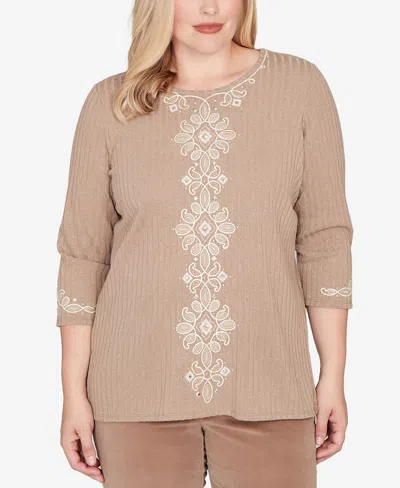 Alfred Dunner Petite Vienna Embroidered 3/4-sleeve Top In Brown