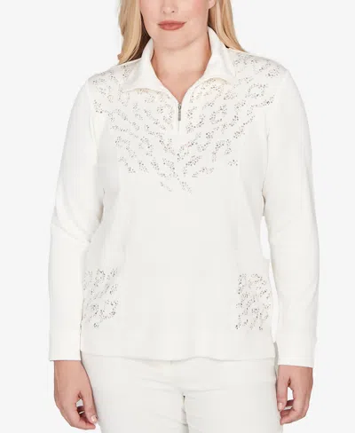 Alfred Dunner Petite Vienna Metallic Studded Animal Pattern Top In White