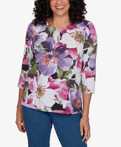 Alfred Dunner Petite Violet Blooms Knit Top In Purple Multi