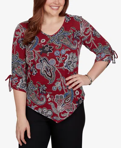 Alfred Dunner Petite V-neck 3/4-sleeve Paisley Blouse In Red