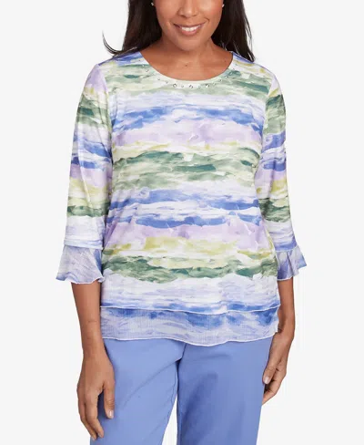 Alfred Dunner Petite Watercolor Biadere Striped Top In Iris Multi