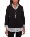 Alfred Dunner Plus Size Wild At Heart Woven Trim Two In One Sweater In Black