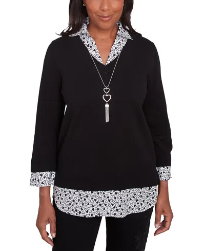 Alfred Dunner Plus Size Wild At Heart Woven Trim Two In One Sweater In Black