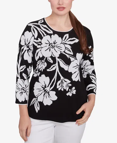 Alfred Dunner Petite Wild At Heart Dramatic Floral Crew Neck Sweater In Black