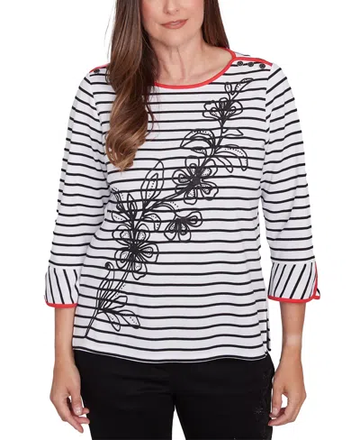 Alfred Dunner Women's Wild At Heart Striped Floral Flared Sleeve Top In Black,white