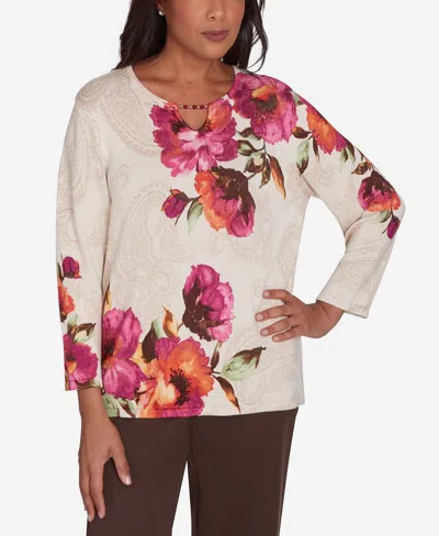 Alfred Dunner Petite Wine Country Watercolor Floral Beaded Split Neck Top In Muneutr
