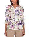 Alfred Dunner Charm School Women's Embellished Keyhole Floral Textured Top In Multi