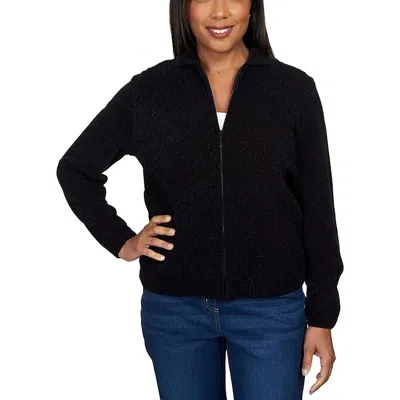 Alfred Dunner Petites Womens Collar Cable Knit Crewneck Sweater In Black