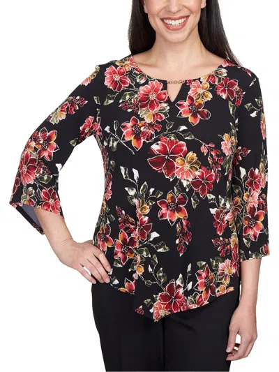 Alfred Dunner Petites Womens Keyhole Neck Floral Print Blouse In Black