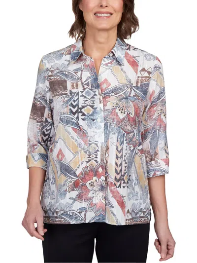 Alfred Dunner Petite Classics Eclectic Mixed Print Floral Button Down Top In Multi