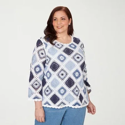 Alfred Dunner Plus Size Austin Diamond Crochet Sweater In Blue
