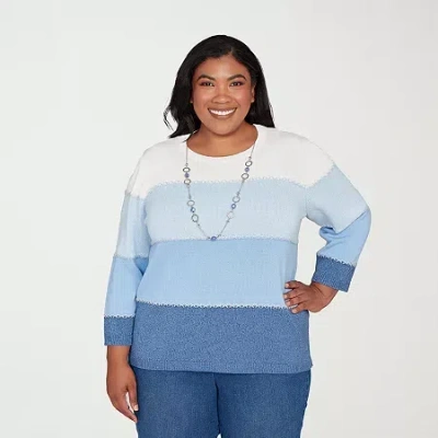 Alfred Dunner Plus Hilton Head Womens Crew Neck 3/4 Sleeve Ombre Pullover Sweater In Blue