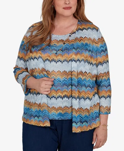 Alfred Dunner Plus Size 3/4-length Sleeve Scoop Neck Two-piece Look Knit Top In Blue Multi