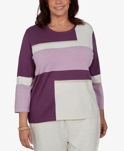 Alfred Dunner Plus Size 3/4-length-sleeve Colorblock Sweater In Plum