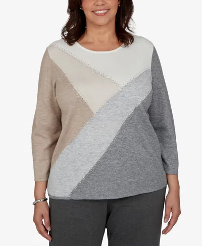 Alfred Dunner Plus Size 3/4-sleeve Colorblock Crewneck Pullover Sweater In Gray Multi
