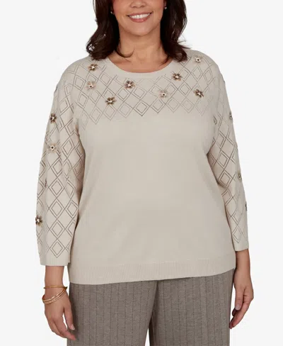 Alfred Dunner Plus Size 3/4-sleeve Crewneck Pullover Sweater In Latte