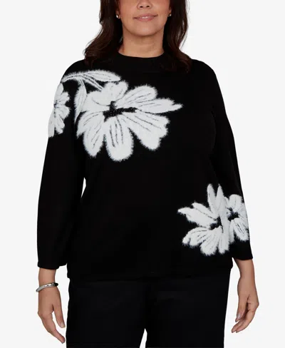 Alfred Dunner Plus Size 3/4-sleeve Floral-print Crewneck Pullover Sweater In Black,ivory